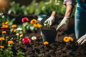 en kvinna är plantering blommor i en trädgård. ai-genererad foto