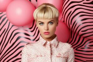 blond flicka i rosa zebra skriva ut skjorta i barbie stil med ballonger. ai genererad foto