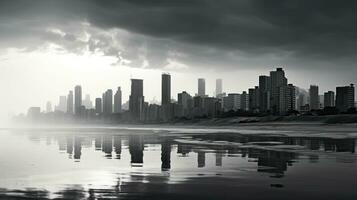 landskap av en modern stad med höghus byggnader längs de kust, svart och vit Foto. ai-genererad foto