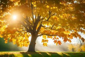 de Sol lyser genom de löv av en träd i de höst. ai-genererad foto