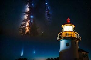 en fyr med en starry himmel och en komet i de bakgrund. ai-genererad foto