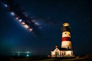 en fyr med en starry himmel ovan Det. ai-genererad foto