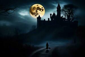 en man gående i främre av en slott i de mörk. ai-genererad foto