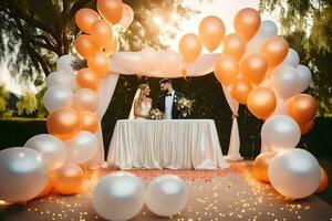 en brud och brudgum stående under ett båge av vit och orange ballonger. ai-genererad foto