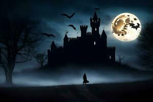 halloween slott med fladdermöss flygande över den på natt. ai-genererad foto