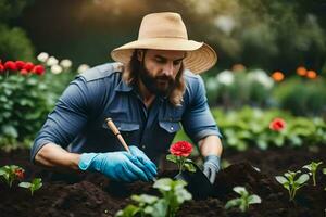 en man i en hatt och handskar är plantering blommor. ai-genererad foto