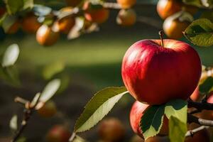 ett äpple är på de träd i främre av en grön bakgrund. ai-genererad foto