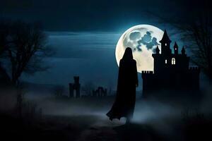 en person i en svart dölja promenader genom en kyrkogård på natt. ai-genererad foto
