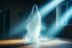 mänsklig i läskigt spöken kostym flygande inuti de gammal hus på natt. läskigt halloween bakgrund med spöke. spöke på halloween firande begrepp förbi ai genererad foto