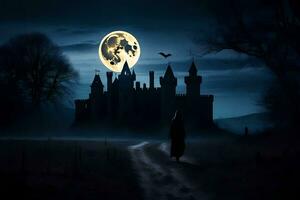 en man promenader i främre av en slott på natt. ai-genererad foto