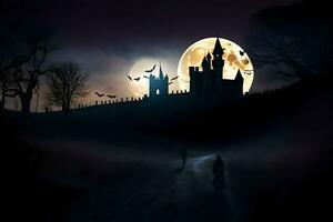 halloween, slott, måne, natt, läskigt, halloween, slott, måne. ai-genererad foto