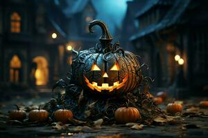 skrämmande pumpa och hus i natt av full måne på halloween firande begrepp. läskigt halloween bakgrund med pumpa. smutsig hus och pumpa på halloween firande begrepp förbi ai genererad foto
