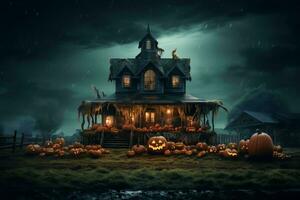 besatt hus på halloween firande begrepp. läskigt hus halloween bakgrund med folktom byggnad och pumpa. skrämmande hus med kuslig byggnad på natt förbi ai genererad foto