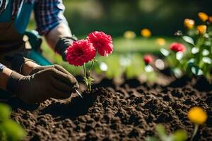 en man är plantering blommor i de trädgård. ai-genererad foto