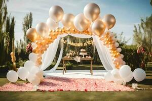 en bröllop båge med vit och guld ballonger. ai-genererad foto