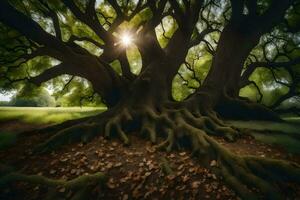 de Sol lyser genom de grenar av ett gammal träd. ai-genererad foto