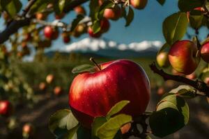 ett äpple träd med en berg i de bakgrund. ai-genererad foto