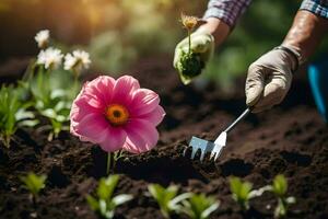 en person är använder sig av en trädgård gaffel till växt en blomma. ai-genererad foto