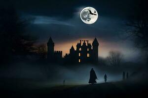 halloween natt med en häxa och en slott. ai-genererad foto