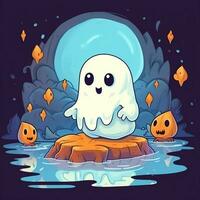en rolig spöken på halloween firande i en kyrkogård på natt i söt tecknad serie stil. halloween förbi ai genererad foto