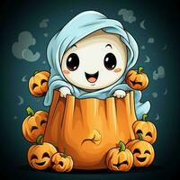 en rolig spöken på halloween firande i en kyrkogård på natt i söt tecknad serie stil. halloween förbi ai genererad foto