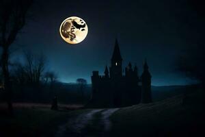 en slott i de mörk med en full måne. ai-genererad foto