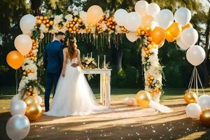 en brud och brudgum stående under en bröllop båge med guld och vit ballonger. ai-genererad foto