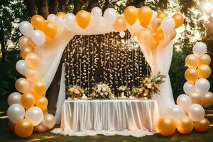 en bröllop båge med vit och guld ballonger. ai-genererad foto