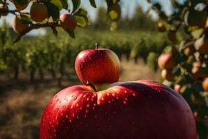 två äpplen är Sammanträde på de jord i ett äpple fruktträdgård. ai-genererad foto