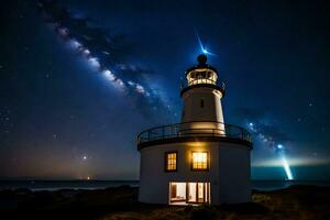 en fyr med en starry himmel och en ljus lysande. ai-genererad foto