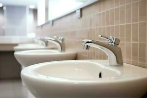 modern offentlig badrum med rad av vit keramisk tvätta handfat bassänger och kran med spegel i toalett begrepp förbi ai genererad foto
