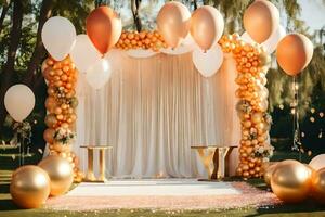 en bröllop ceremoni med ballonger och vit gardiner. ai-genererad foto