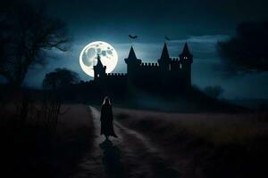 en kvinna promenader i främre av en slott på natt. ai-genererad foto
