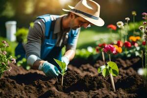 en man i en hatt och overall är plantering blommor. ai-genererad foto