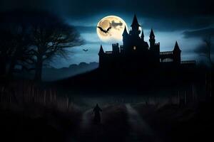 halloween slott i de mörk med fladdermöss flygande över Det. ai-genererad foto