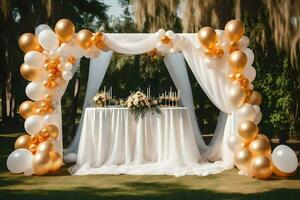 en bröllop båge med guld ballonger och vit draperier. ai-genererad foto