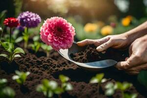 en person är innehav en skyffel och grävning smuts med en blomma. ai-genererad foto