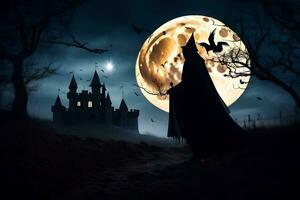 en häxa promenader i främre av en slott med en full måne. ai-genererad foto