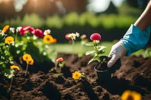 en person är plantering blommor i en trädgård. ai-genererad foto