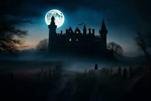 halloween slott i de mörk med en full måne. ai-genererad foto