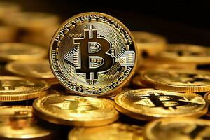 gyllene bitcoin digital kryptovaluta trogen pengar. teknologi företag internet handel begrepp förbi ai genererad foto