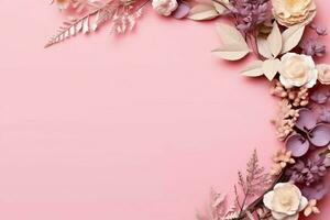 romantisk bukett av tom blommig rosa blommar med kopia Plats. naturlig blommig reste sig ram layout begrepp förbi ai genererad foto