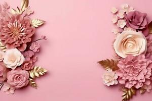 romantisk bukett av tom blommig rosa blommar med kopia Plats. naturlig blommig reste sig ram layout begrepp förbi ai genererad foto