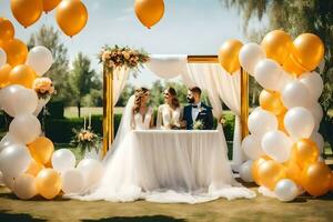 bröllop par i de trädgård med vit och guld ballonger. ai-genererad foto