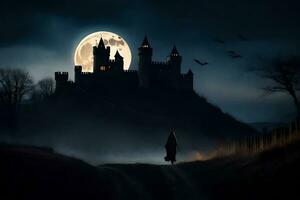 en person gående i främre av en slott på natt. ai-genererad foto