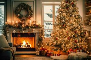 mysigt levande rum med öppen spis och skön jul träd i klassisk interiör. interiör av levande rum dekorerad för glad jul med strumpor, gåva lådor och jul Tillbehör förbi ai genererad foto