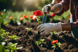 en person i handskar är plantering blommor i de trädgård. ai-genererad foto