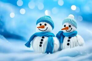 två snowmen bär hattar och halsdukar i de snö. ai-genererad foto