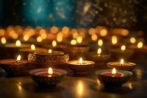 Lycklig diwali eller deepavali traditionell indisk festival med lera diya olja lampa. indisk hindu festival av ljus symbol med ljus och ljus. lera diya lampa belyst under diwali firande förbi ai genererad foto