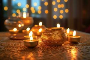 Lycklig diwali eller deepavali traditionell indisk festival med lera diya olja lampa. indisk hindu festival av ljus symbol med ljus och ljus. lera diya lampa belyst under diwali firande förbi ai genererad foto